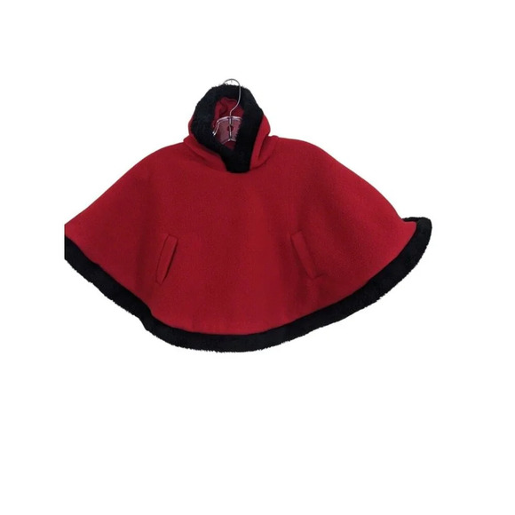 Girls 4T Vintage 90s Hooded Cape Poncho Red Fleece Faux Fur Trim Armholes Warm - Picture 1 of 4